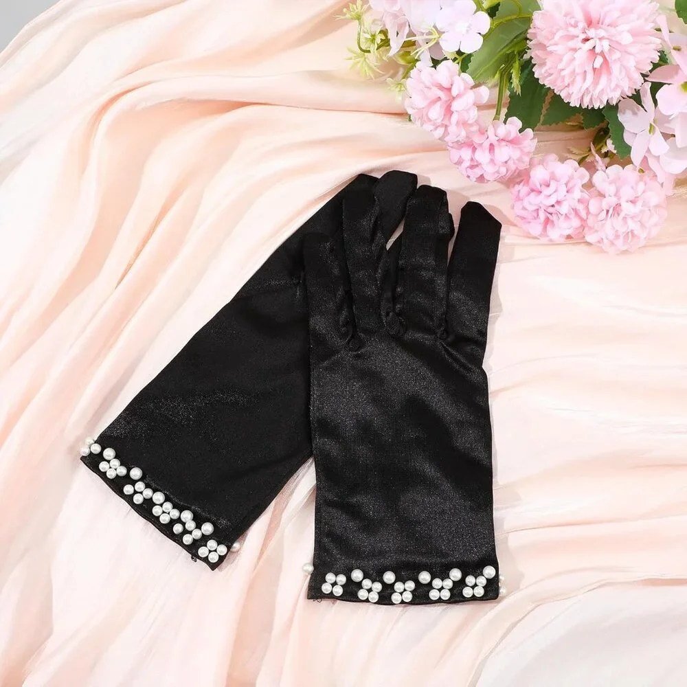 Women's Black Short Satin Wedding Tuxedo Pearl Floral Imported Polyester Gloves